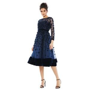 Mac Duggal 67007 Blue Embellished Illusion Long Sleeve Fit & Flare Dress 10
